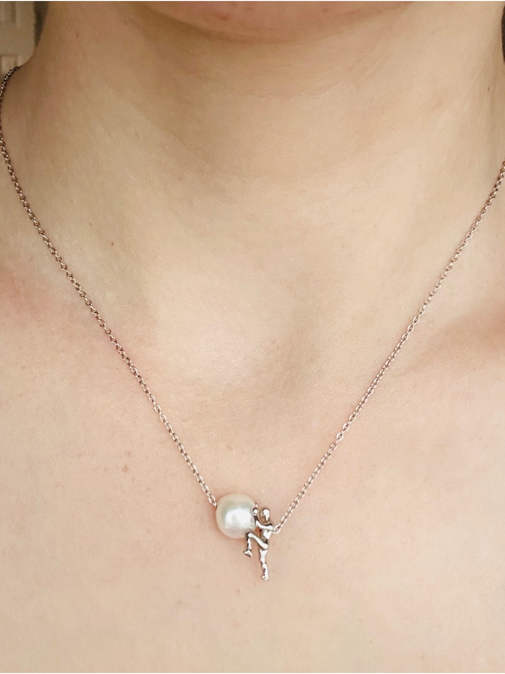 Silver Pearl Charm Necklace with Climbing Figure